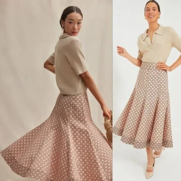 Tuckernuck NEW Petal Cane Brynn Geometric Pink Retro Pleated Midi Skirt 4 $288 - Picture 8 of 10